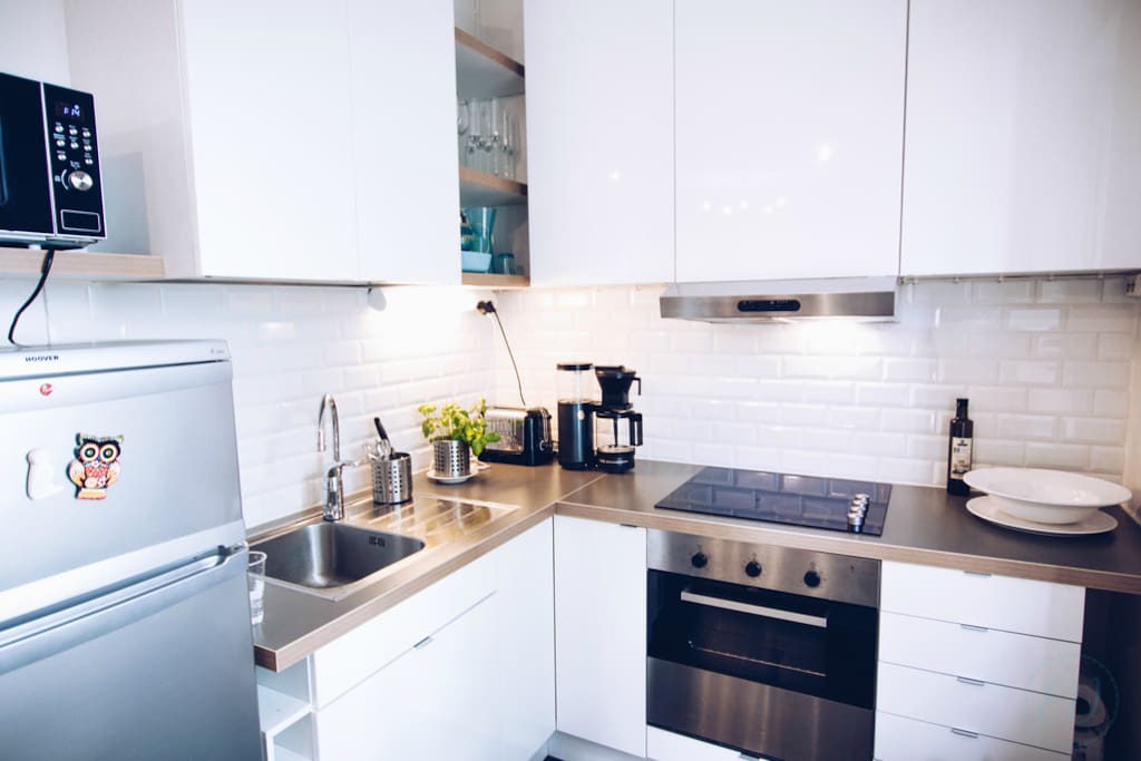 Fridge, deep freezer, micro wave, oven, coffee machine, toaster etc.