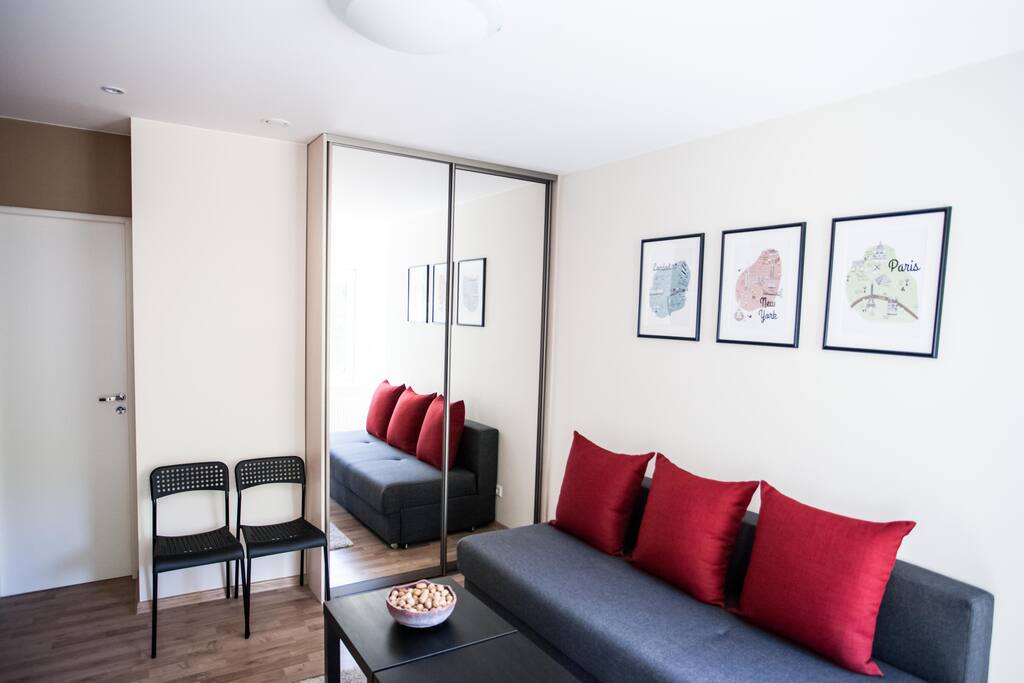 Living area with kitchen and sofa-bed for extra people