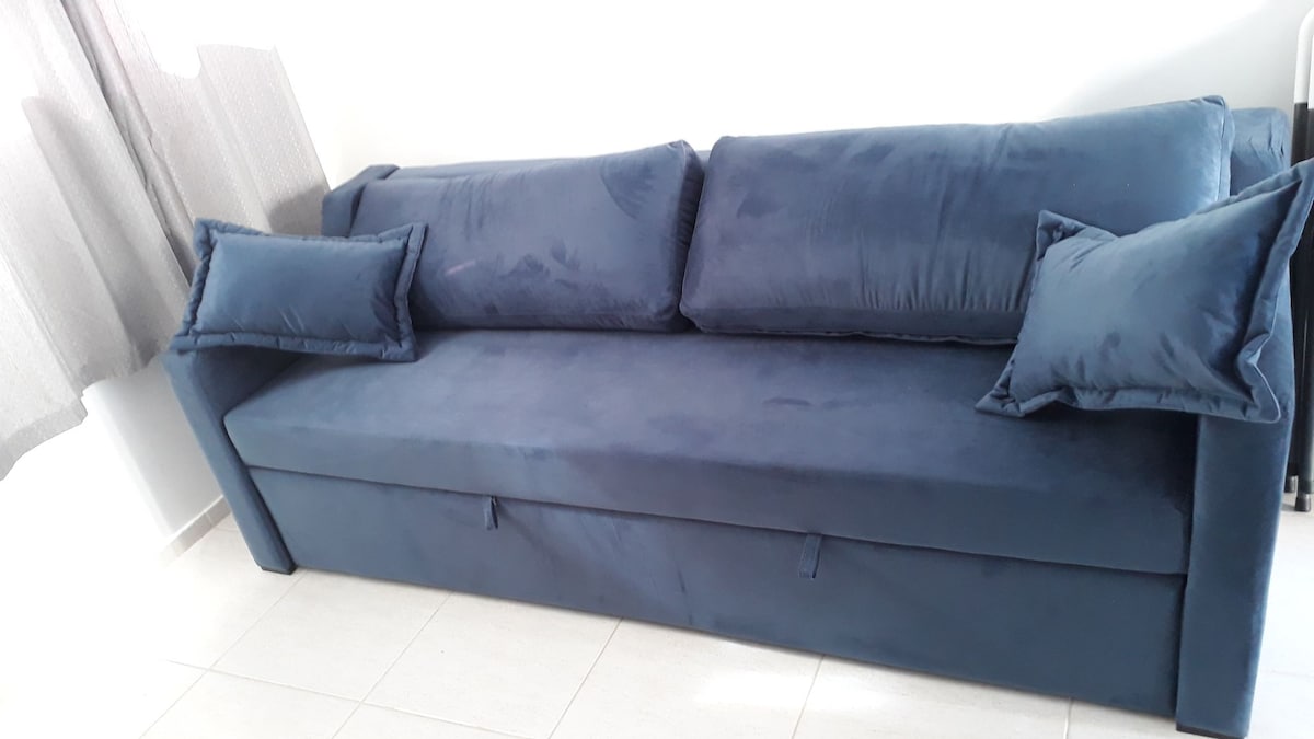 Hay un sofá cama en la sala de estar.