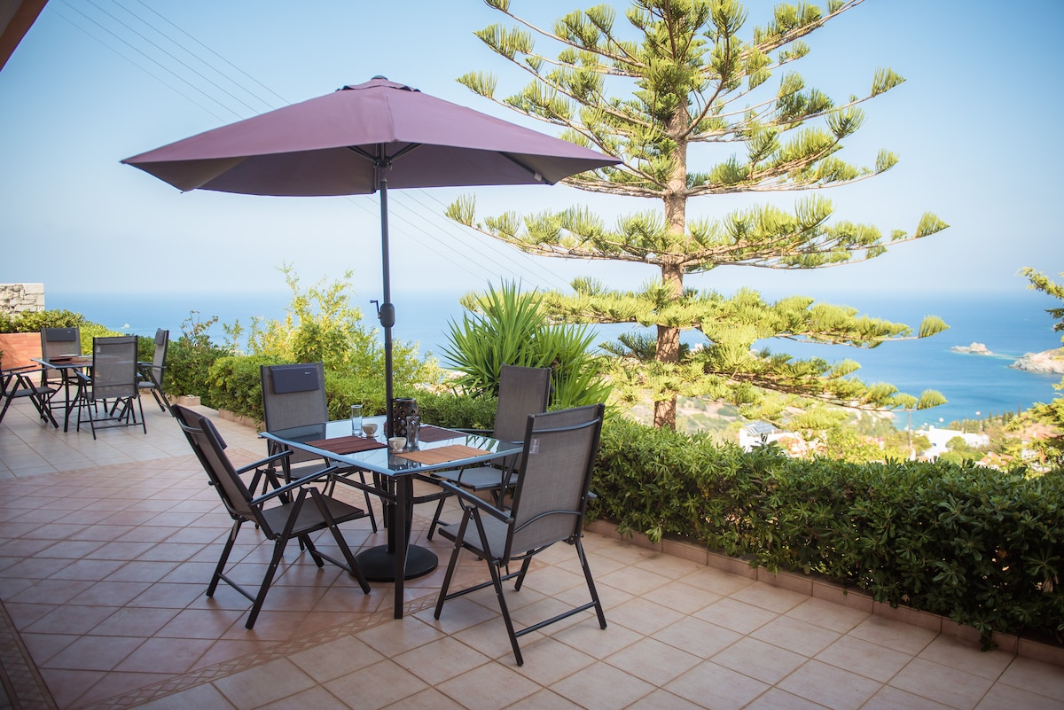 An outdoor seating area is presented, featuring a glass-top table surrounded by four chairs. A large umbrella provides shade, while lush greenery and a tall tree create a natural backdrop. The view showcases the sea and a tranquil landscape in the distance.