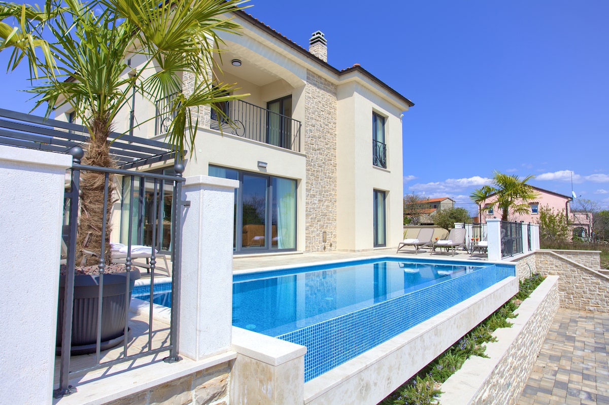 The exterior of the villa features a private pool surrounded by a stone terrace, complemented by lush palm trees. Large glass doors provide views of the spacious interior, while the building's stone façade and modern architecture offer a stylish feel against a clear blue sky.