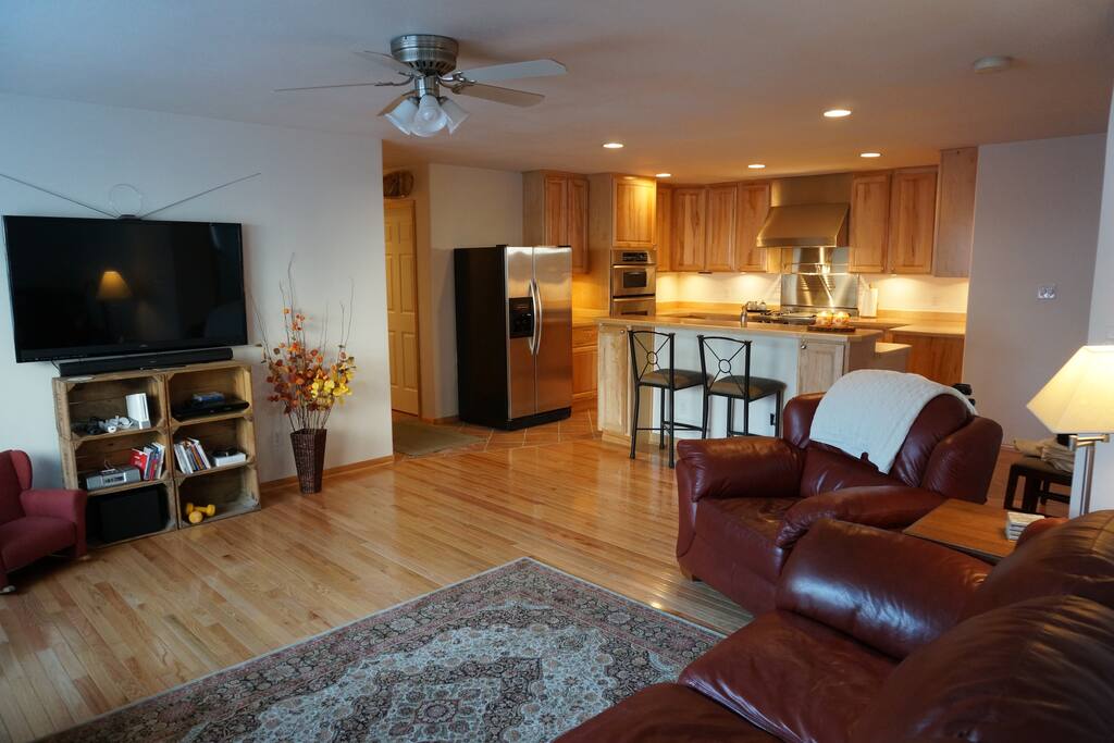 Spacious living area with overstuffed furniture and TV.