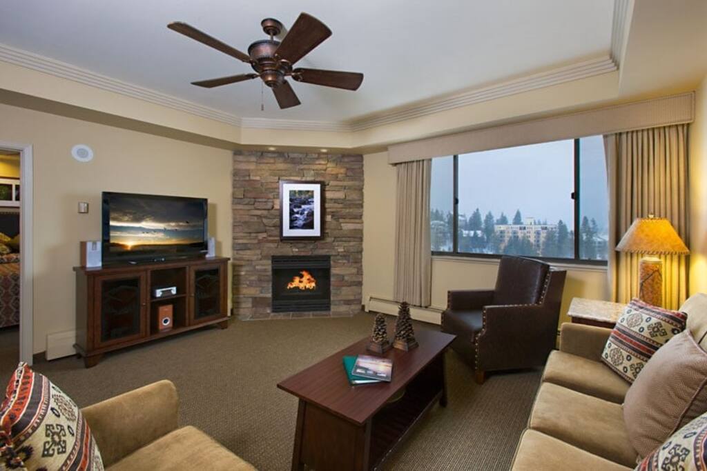 Living room with TV and fireplace