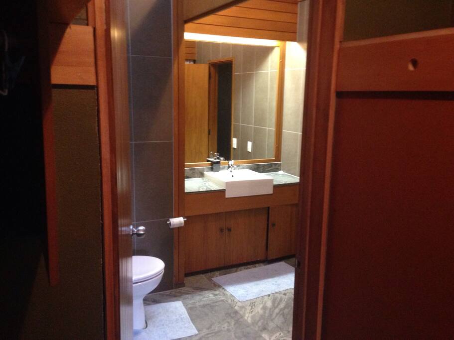 Ensuite , hot shower , heater , toilet and towel rack.