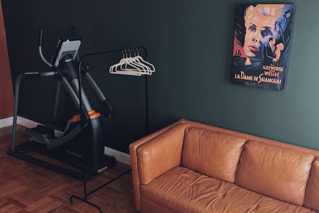 Your own big room with a queen-size bed, leather sofa, armchair, working desk and Nordic elliptical trainer :)