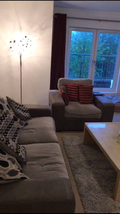 Living room, with attached balcony. Newly decorated (May 2018) Views out towards the Wallace Monument and Ochils.