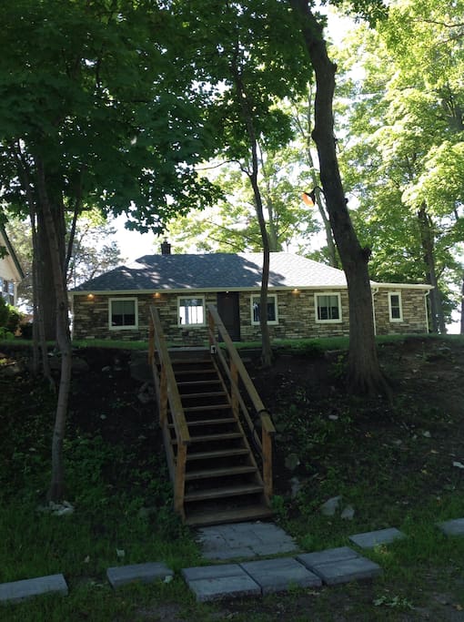 Stairs to the cottage from lakeshore road