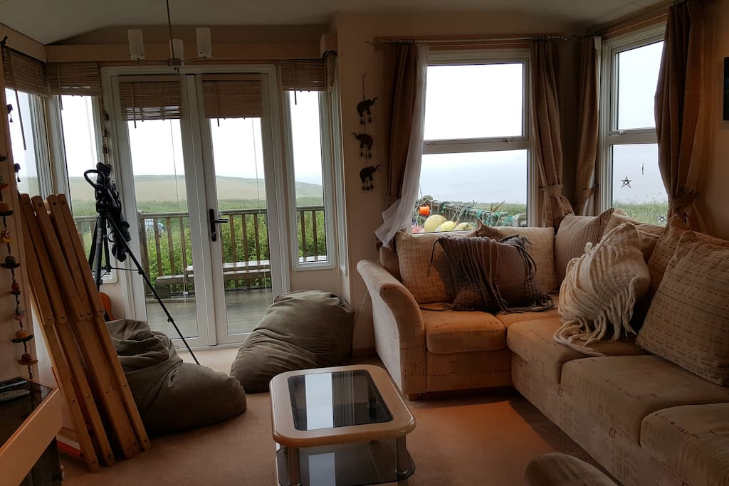 The lounge looking out over Whitesands Bay (on a misty day)