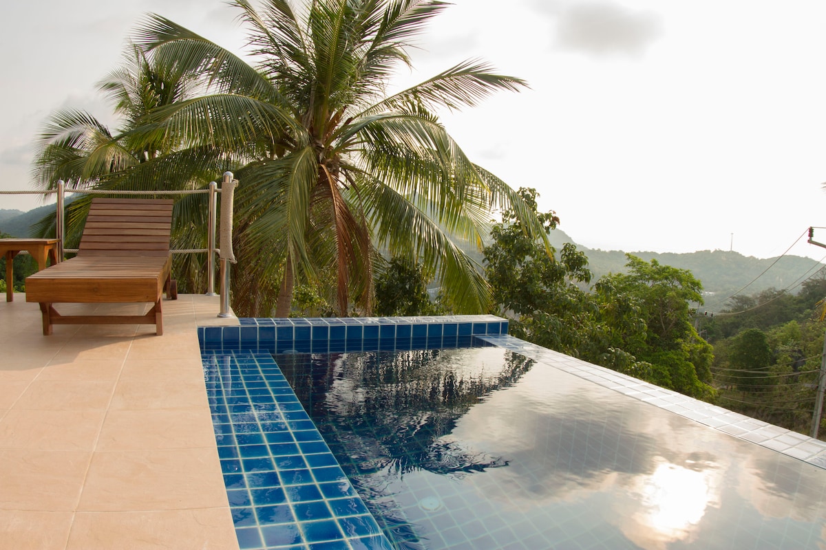An infinity plunge pool is set against a backdrop of lush greenery and distant hills. A wooden lounge chair is positioned beside the pool, inviting relaxation. The pool's blue tiles reflect the sky and surrounding nature, creating a serene outdoor space.