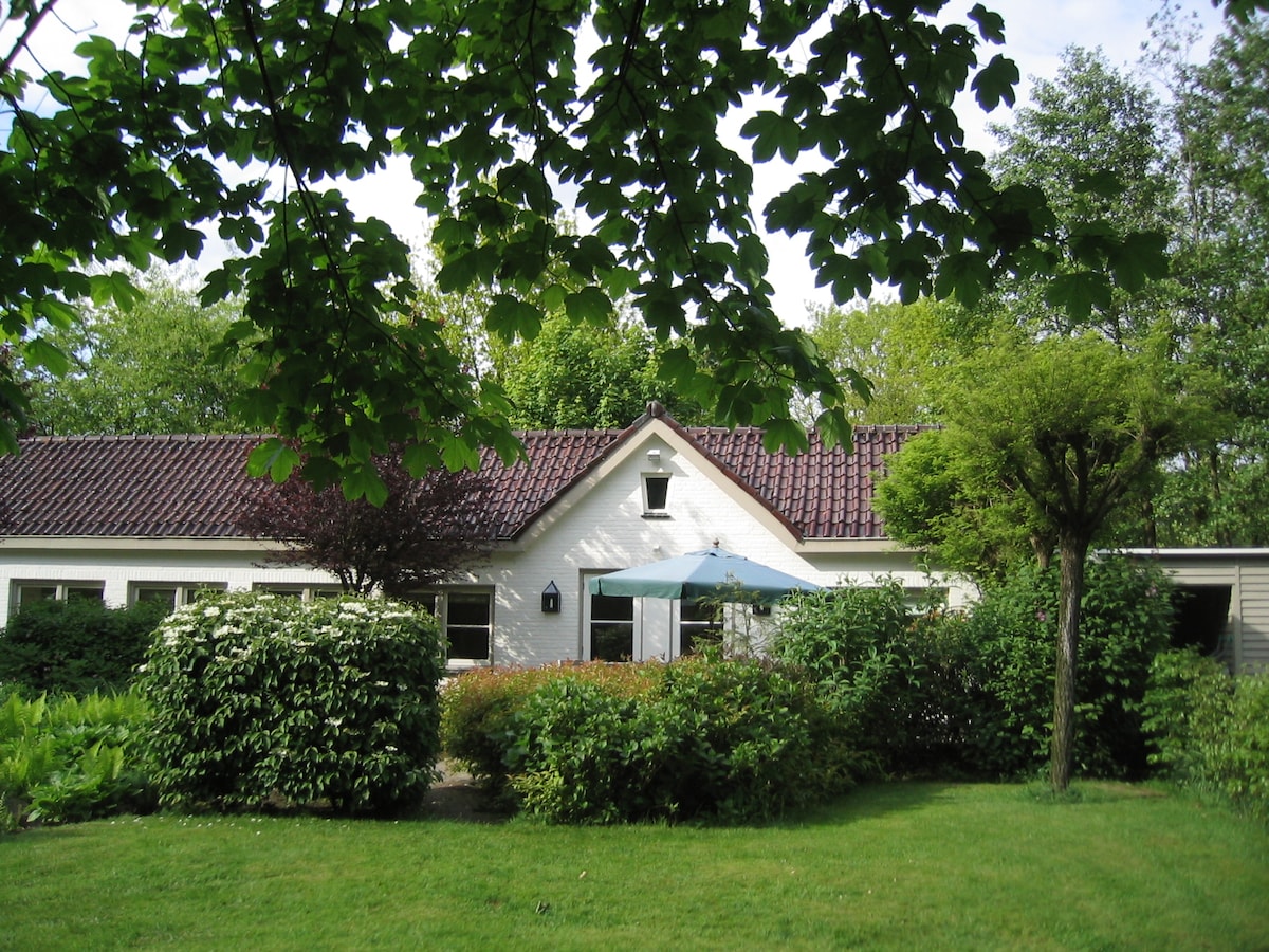 A charming country house is framed by lush greenery, featuring a terracotta tiled roof and white exterior. An umbrella provides shade for the welcoming entrance, surrounded by well-maintained shrubs and trees, creating a serene outdoor space. The vibrant garden complements the natural setting.