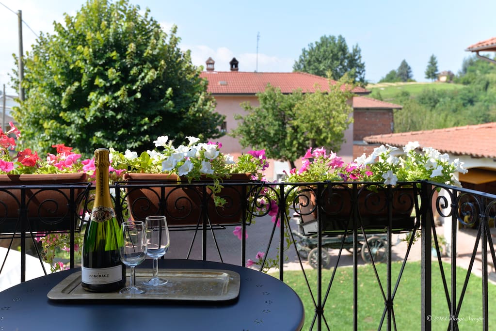 Balcony overlooking the garden and countryside scenery.