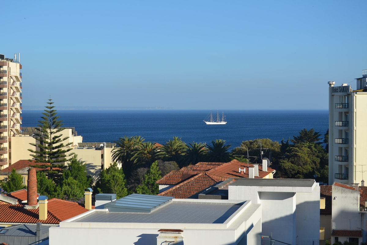 A panoramic view of the ocean is captured, featuring a sailing ship in the distance. Palm trees and rooftops of nearby buildings are visible in the foreground, highlighting the coastal setting and tranquil atmosphere.