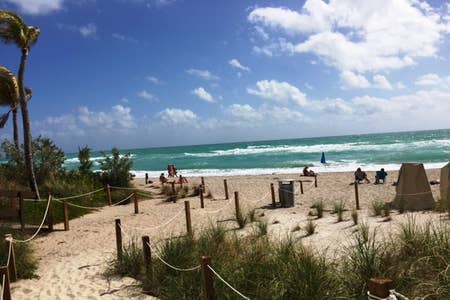 A sandy beach is bordered by grassy dunes and palm trees, with gentle waves lapping at the shore. In the background, a few sunbathers and beachgoers are visible, enjoying the clear blue sky and water.