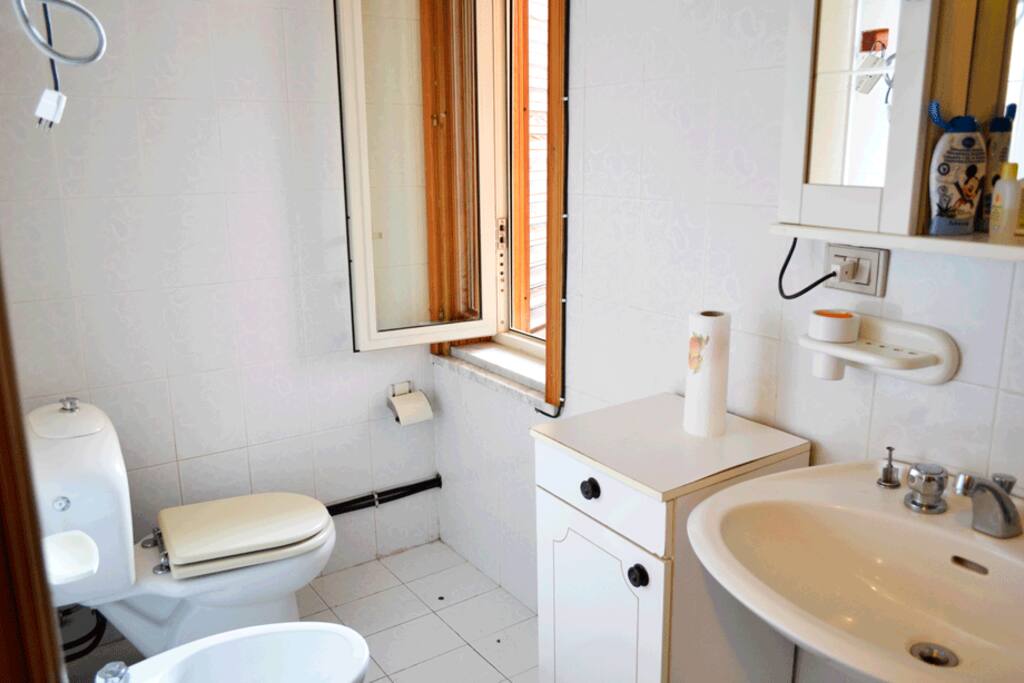 The bathroom with a shower - isn't fancy, but everything is in good order