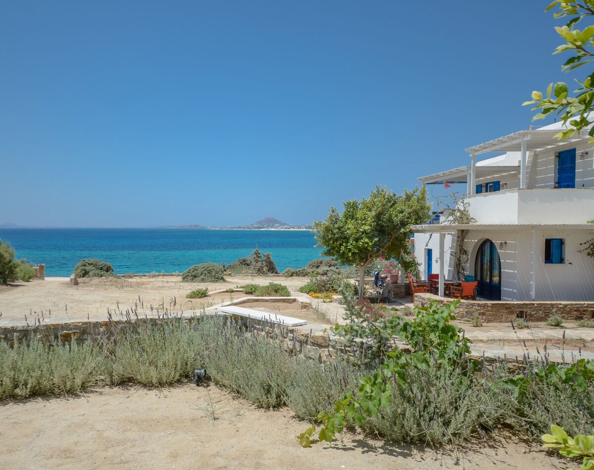 A tranquil seaside view showcases a white two-story structure with blue accents, surrounded by greenery. The clear turquoise waters of the Aegean Sea stretch into the distance, with a sandy area leading to the beach. Rocky formations are present along the shoreline.