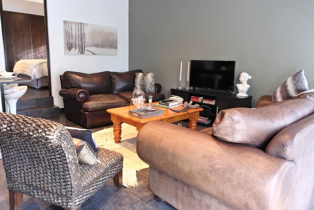 Two cozy leather couches with soft throw