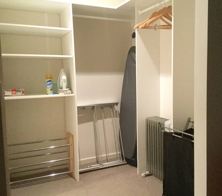 Your built in wardrobe. Fully equipped with iron, iron board, shoe rack, hangers, drying maiden and wash basket