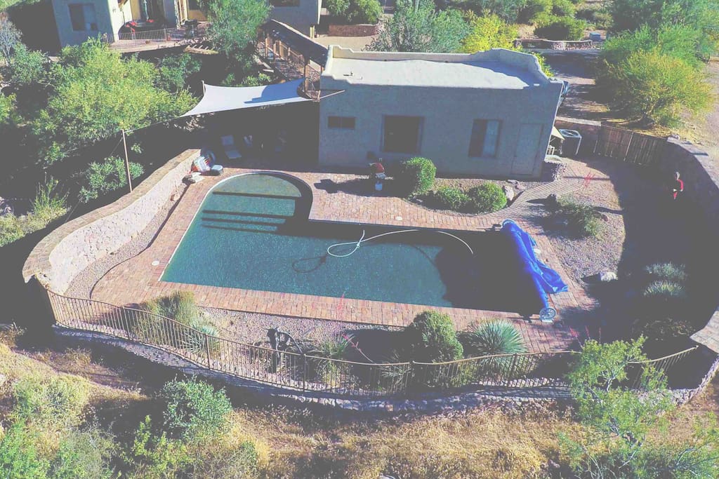 Aerial shot of the pool and casita taken from The Tonto National Park