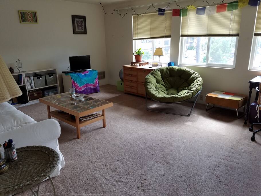 Living room with t.v. with basic cable, blue-ray and dvd player.