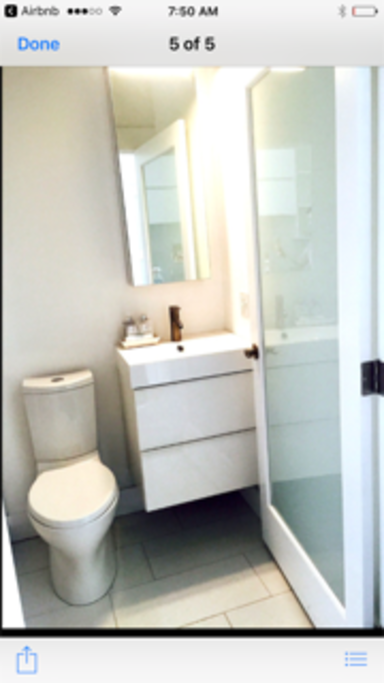 Contemporary white Full bath with 5' long shower to left a toilet.