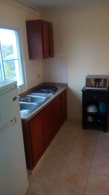 Kitchen (refrigerator, dishwashing sink, pots, pans, plates, utensils, cabinets for food storage)