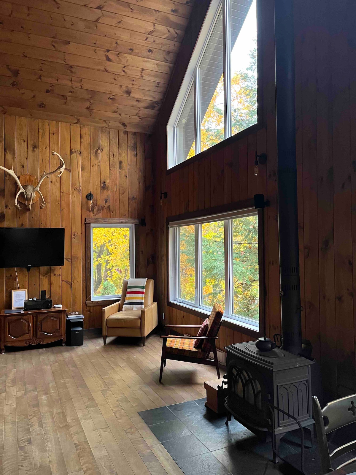 A spacious living area features high wooden ceilings and large windows, allowing natural light to fill the room. A cozy armchair and a television are positioned for relaxation, while a wood stove adds warmth. Nature views of trees and autumn foliage are visible outside.