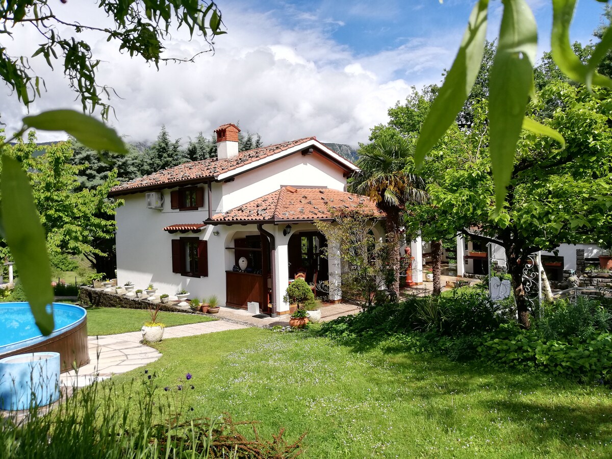 A two-story house with a sloped roof is surrounded by a lush green garden. Vibrant trees and plants add to the serene ambiance. A circular pool is visible in the foreground, and outdoor seating is available on the patio. The setting emphasizes tranquility and a connection with nature.