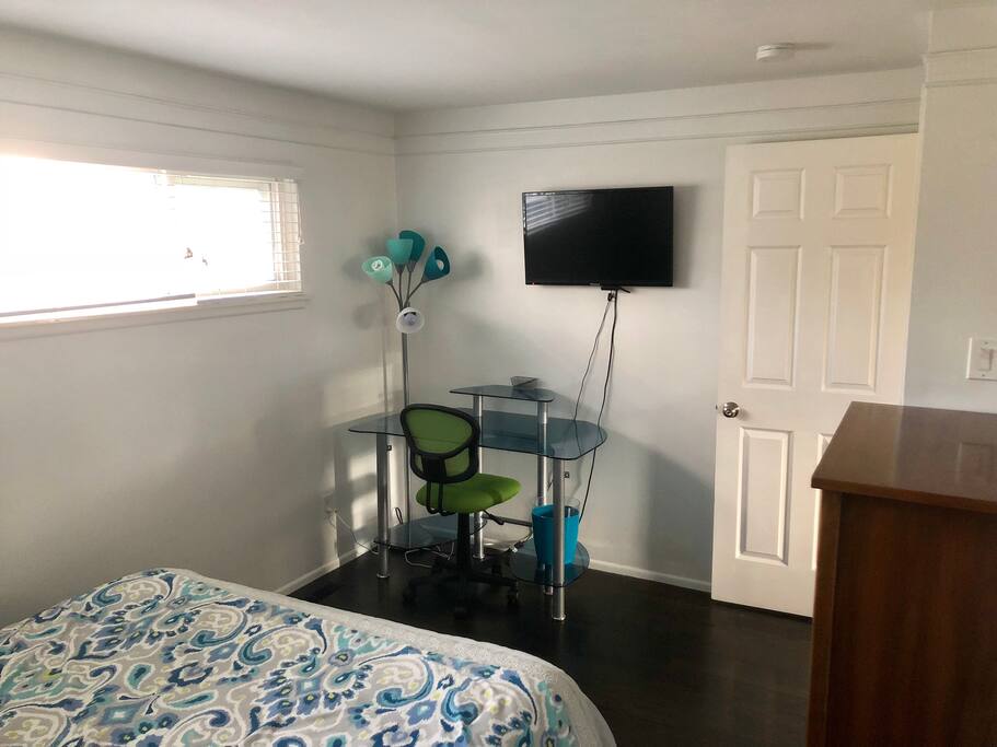 A desk and comfy chair to work at. A Smart TV to watch or connect any device you have.