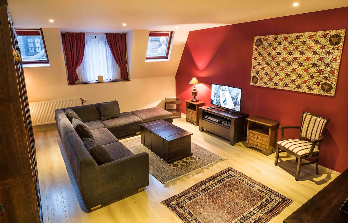A cozy living area features a spacious sectional sofa and a wooden coffee table. A television is placed on a dark wooden console, illuminated by a bedside lamp. Warm red walls are complemented by a decorative wall hanging and natural light filtering through a window.