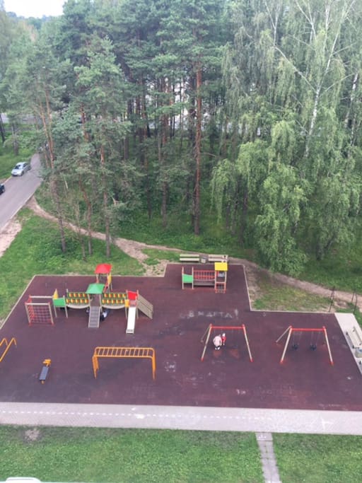 Children's playground in front of building installed just last year. This us view from kitchen window.