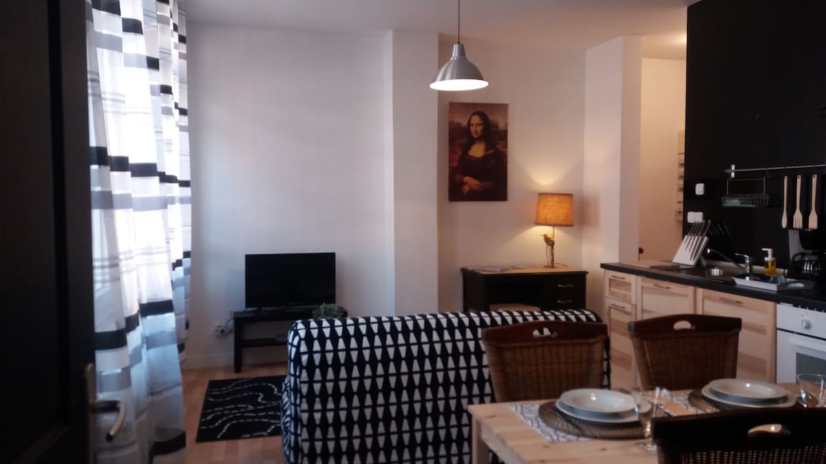 An open living space is featured, showcasing a contemporary sofa draped with a patterned throw. A small television sits on a stand, while a warm lamp provides soft lighting. The kitchen area is equipped with modern appliances, and a dining table is elegantly set.