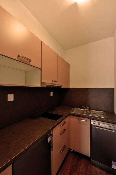 The kitchen corner has stoves, an oven, a dishwasher, and a kettle.