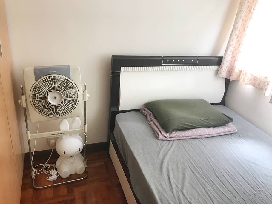 The room is 5 square metres, with a bed, a set of bedding, a set of fan, a rabbit lantern, a closet, an air con.