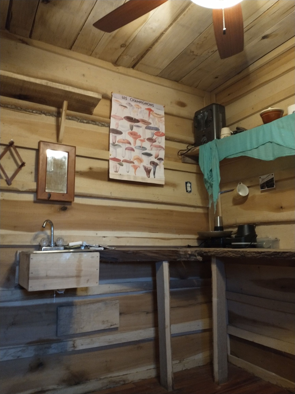 A rustic interior features wooden walls and a ceiling with exposed beams. A small sink is located beneath a shelf adorned with various items. A fan hangs overhead, and a poster is displayed on the wall, complementing the simple, functional design.