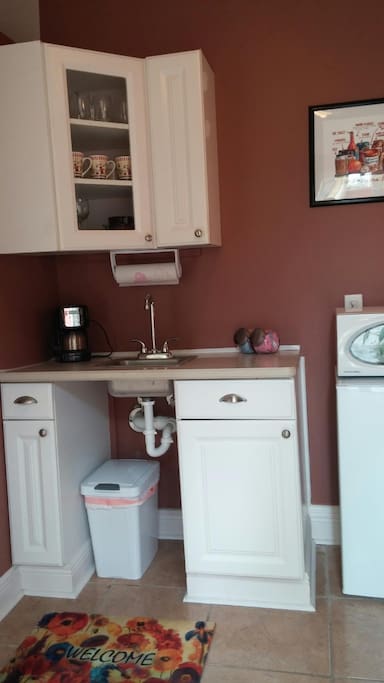 Microwave, refrigerator, sink.