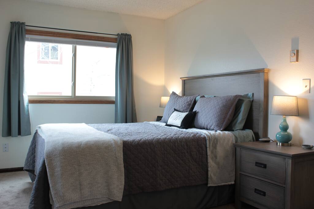 A queen sized memory foam mattress in the master bedroom includes a heated mattress pad.