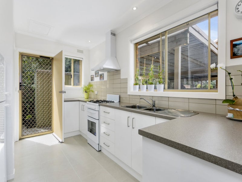 A contemporary kitchen features a functional layout with white cabinetry and stainless steel appliances. Natural light pours in through large windows, highlighting the gas cooktop and dual sink. An exterior door provides access to the outdoor area, accentuated by potted greenery on the windowsill.