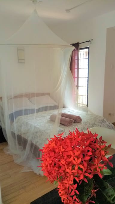 Solid oak double bed with mosquito net