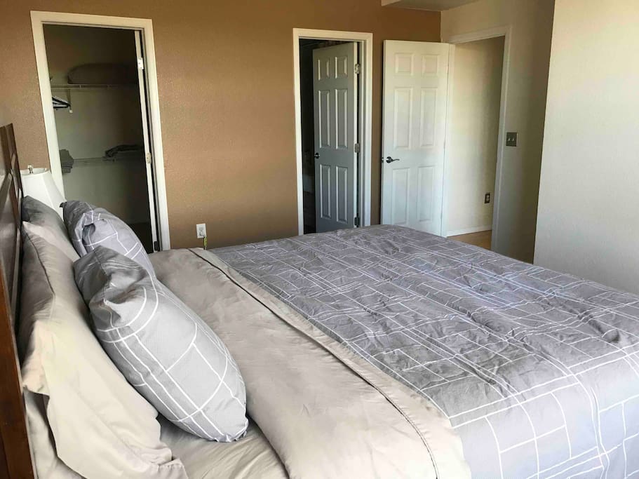 Master suite with walk in closet and bathroom