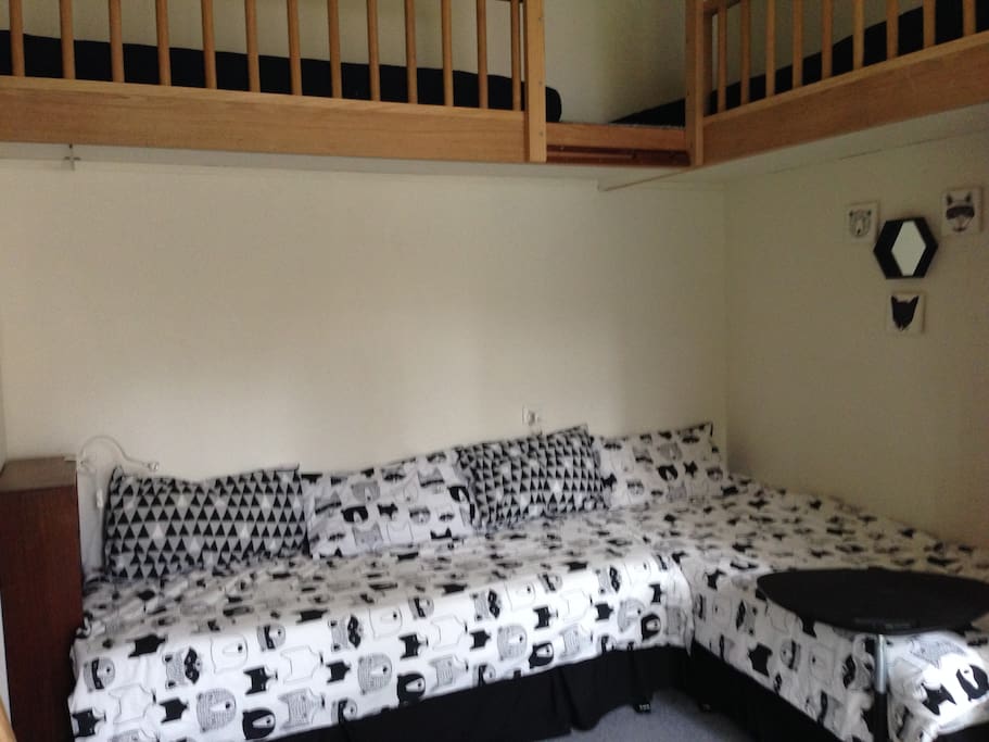 Two single beds that may be pushed together to make queen bed.