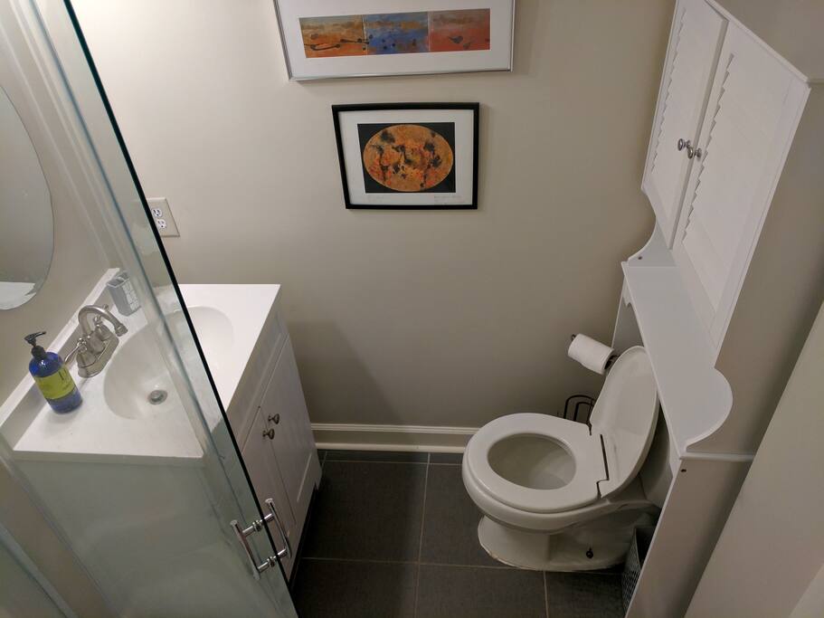 Private bathroom with standup shower and storage