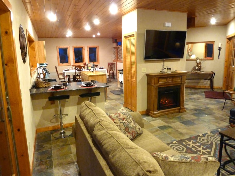 Cozy up to the fireplace, curl up on the couch with a good book or watch large, flat screen TV