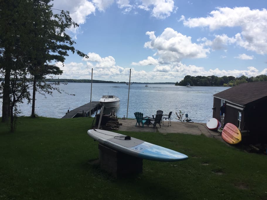 The orange and white/red paddle boards are there for your use!