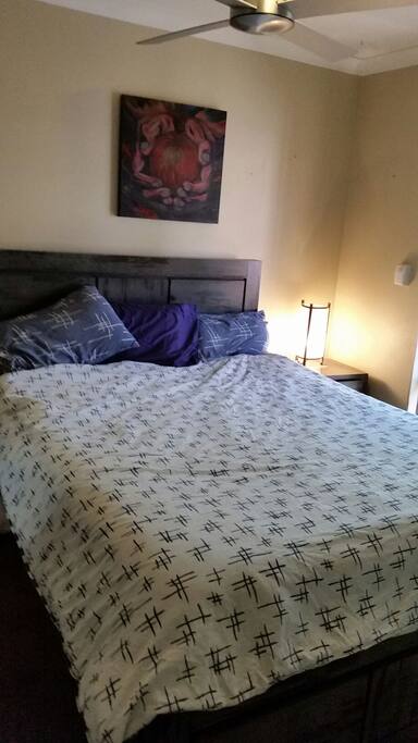 Comfortable double bed, wardrobe and quiet fan