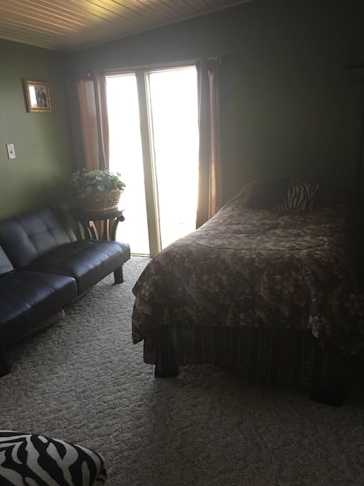 Bedroom on first floor has a twin size bed and sofa that folds down to a twin size bed