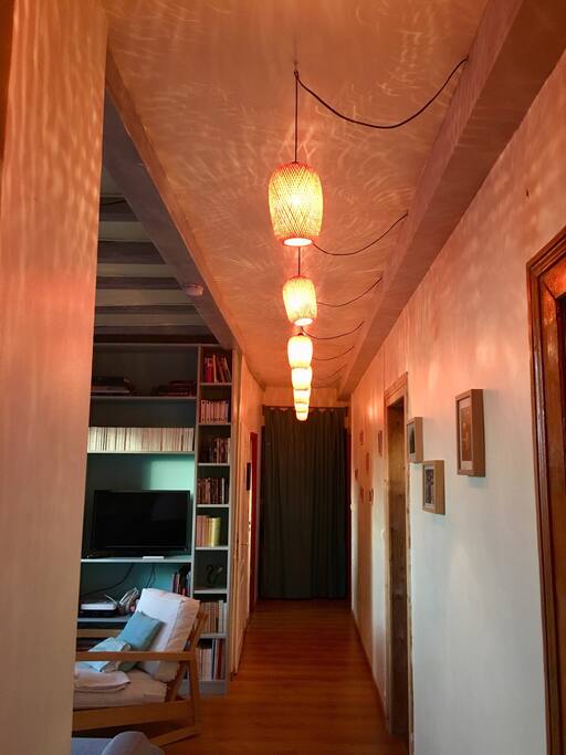 Le couloir avec à gauche le salon, les toilettes et la salle de bain et à droite la chambre bleue puis la cuisine