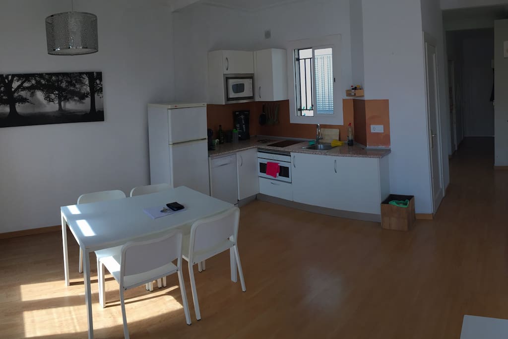 Kitchen is open plan with the living room, there is everything u need, oven, dish washer, coffe machine, fridge and electric cooker.