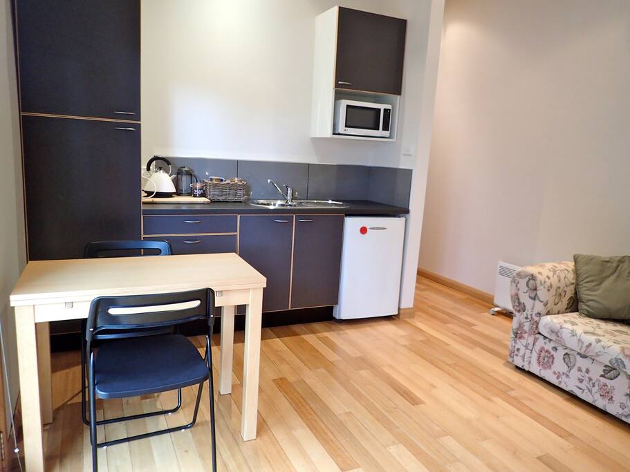 Kitchenette with fridge, microwave, kettle and toaster.