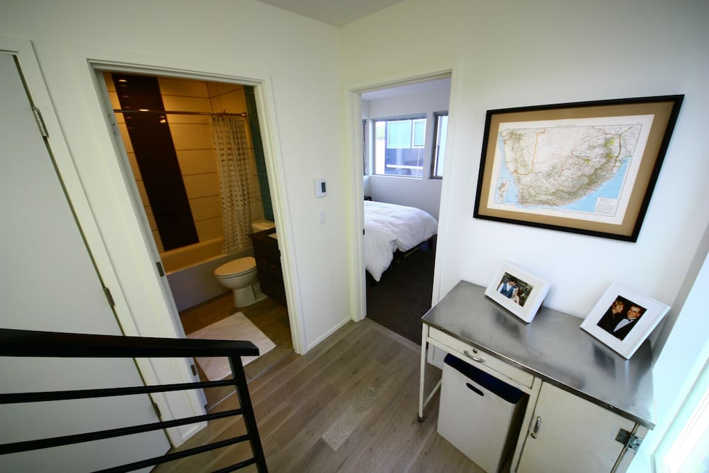 Your floor has your bedroom, bathroom and laundry. Head up 2 flights to the roof top deck.