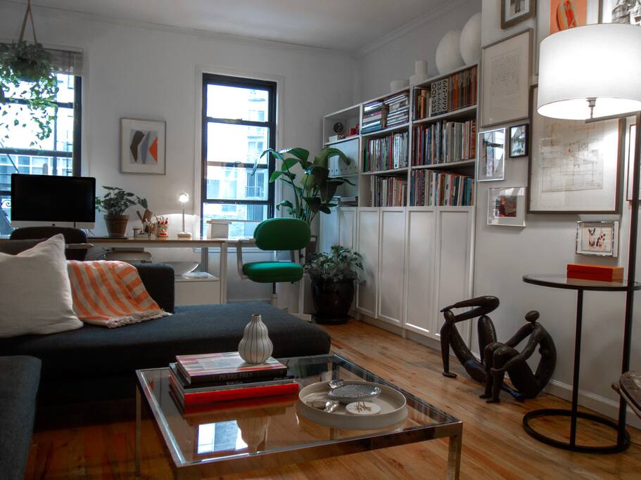 Two can easily work at the room-length desk.